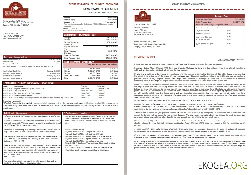 Relevé d'hypothèque bancaire Canada Money Mentors (MM), 3 pages, 1, 2 scr
